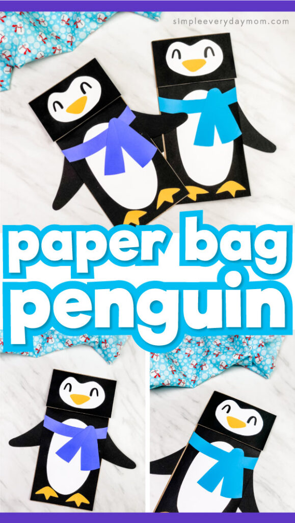 paper bag penguin craft image collage with the words paper bag penguin in the middle 