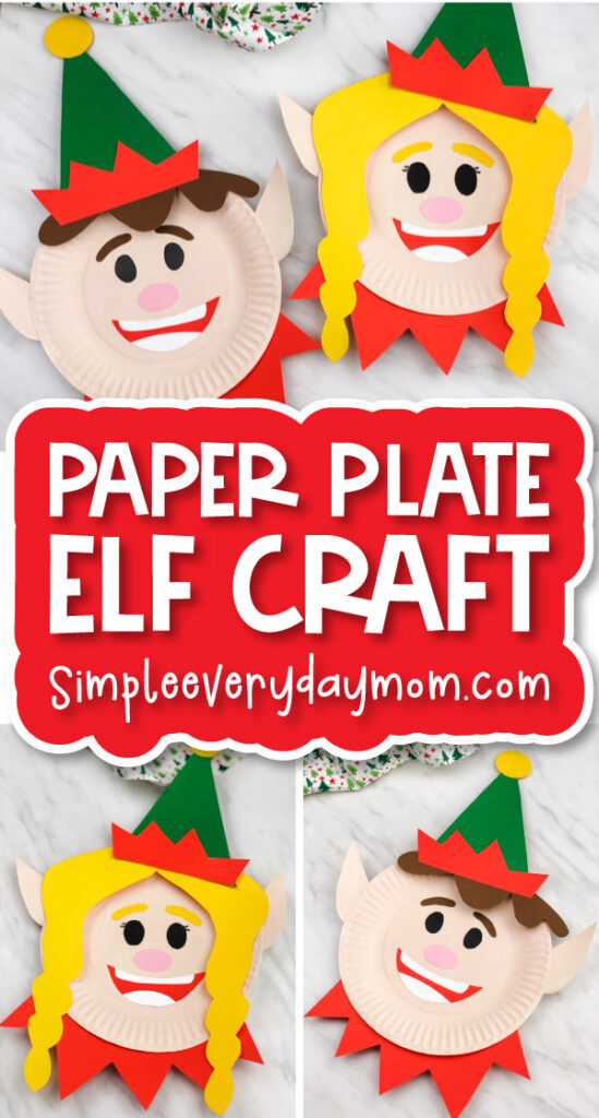elf kids' craft image collage with the words paper plate elf craft