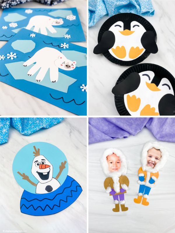 collage of winter crafts for kids