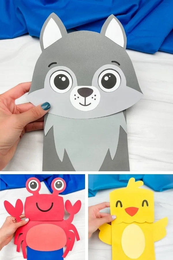wolf, crab, and chick paper bag puppet craft collage