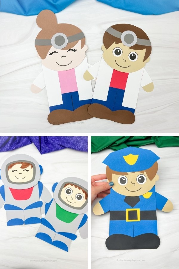 doctor, astronaut, and police officer paper bag puppet image collage