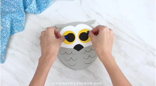Hands gluing owl eyes to owl face 