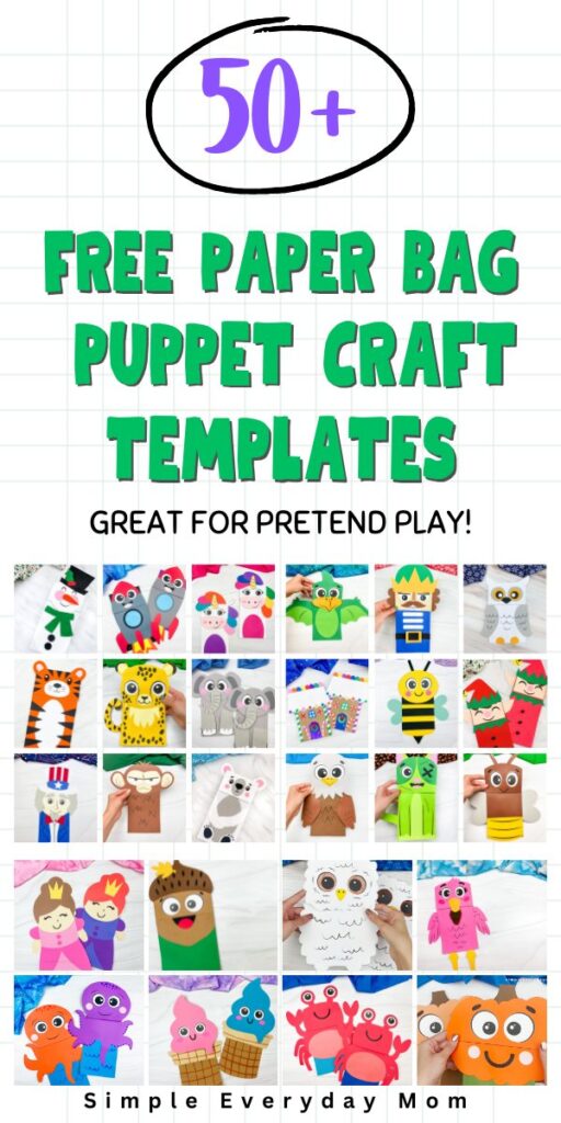 collage image of kids' puppet crafts with the words 50+ free paper bag puppet craft templates