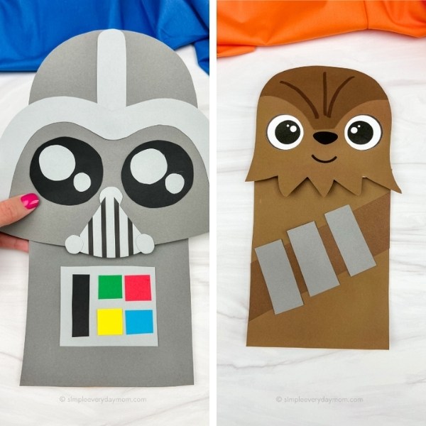 Darth Vader and Chewbacca paper bag puppet craft image collage