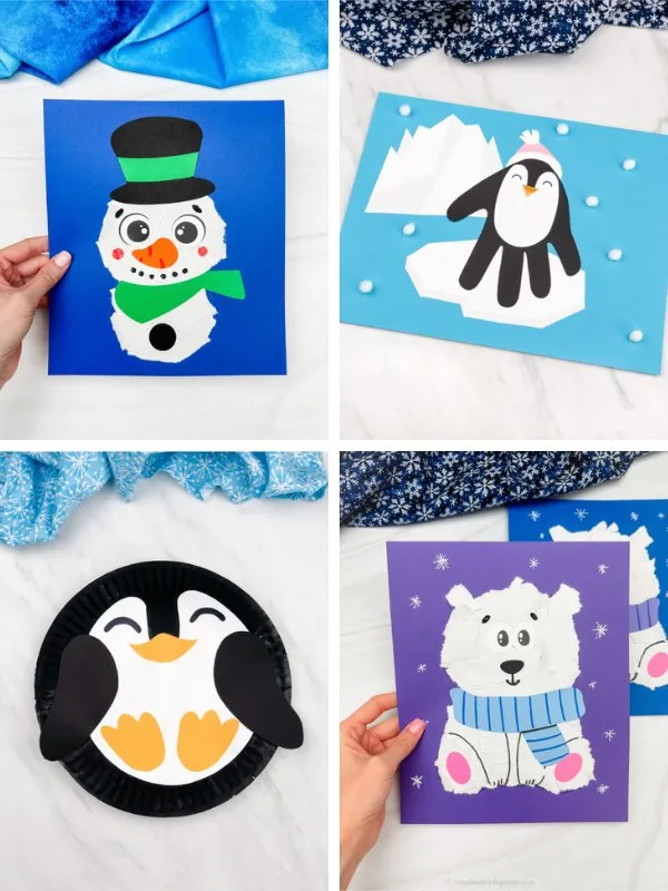 4 image collage of winter crafts for kids