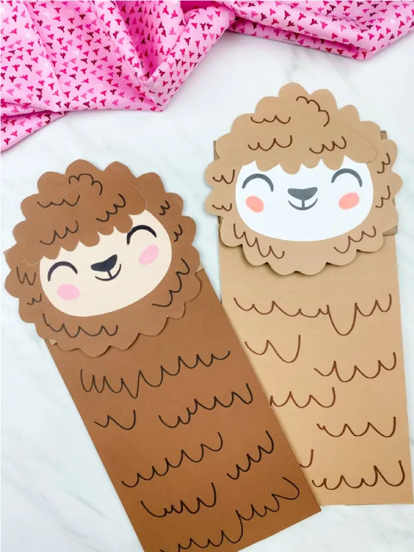 brown and light brown llama paper bag puppet craft 