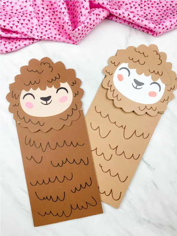 dark brown and light brown llama paper bag puppets 