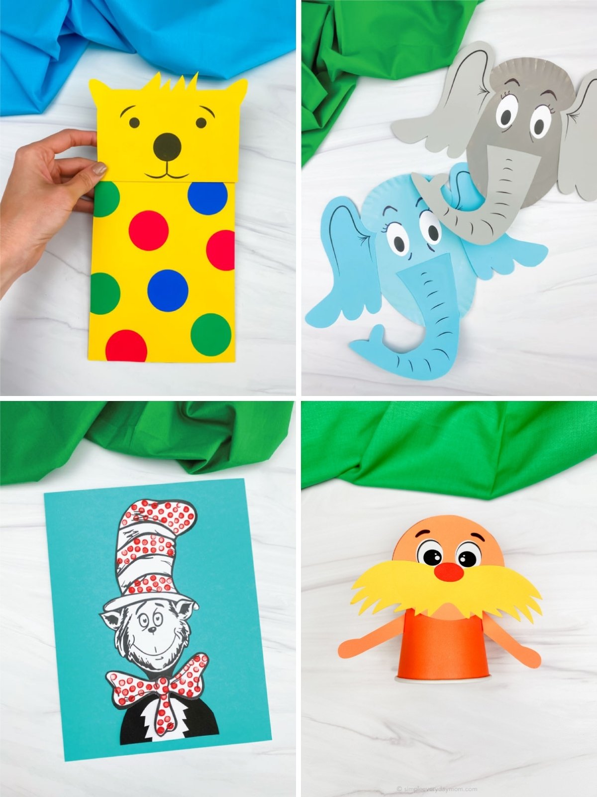 Collage of Dr. Seuss–themed kids crafts including a yellow polka-dot paper bag character, elephant cutouts, a Cat in the Hat art project, and a paper mustache character, displayed on a light background with colorful fabric accents.