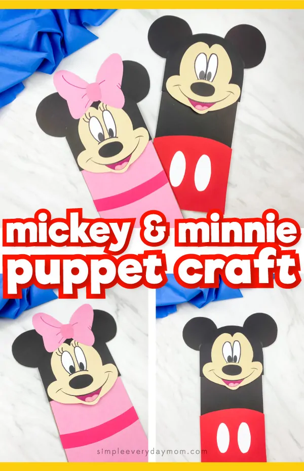 collage of mickey and minnie mouse paper bag puppet images with words "mickey & minnie puppet craft" in middle 