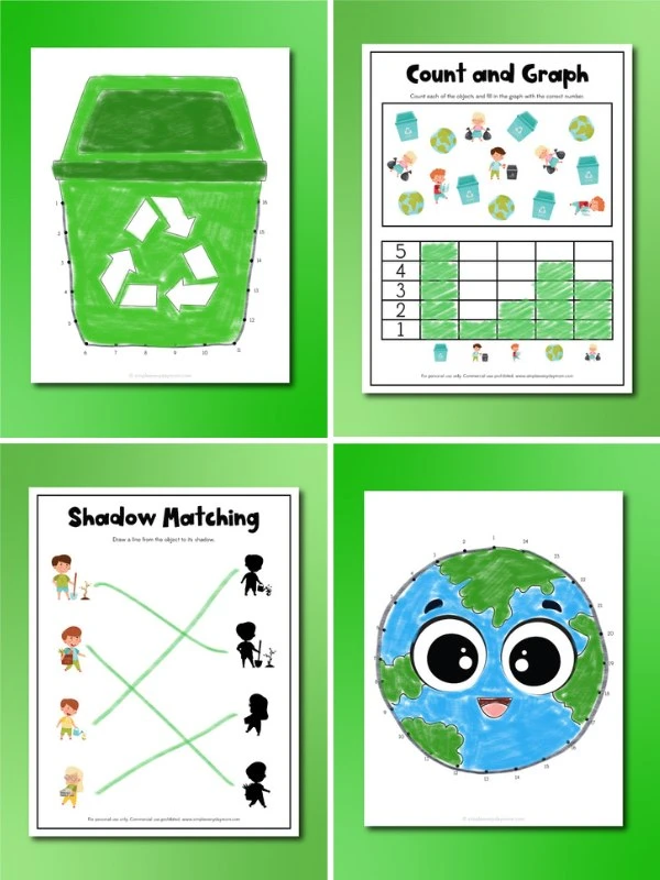 4 image collage of Earth Day printable activities 