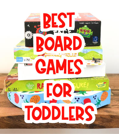Stack of kids board games with the words best board games for toddlers 