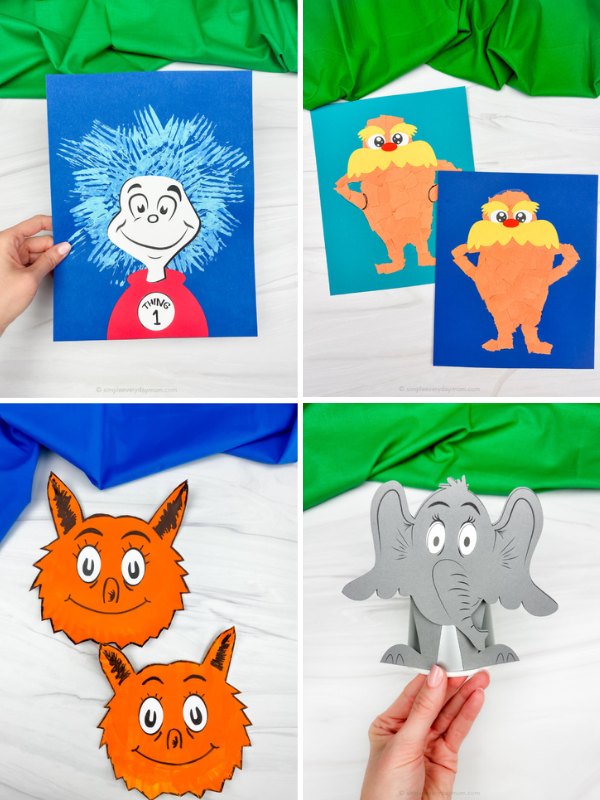 4 image collage of Dr. Seuss crafts for kids