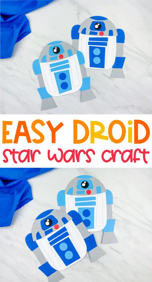 collage of R2D2 paper craft images with the words, "easy droid star wars craft" in middle 