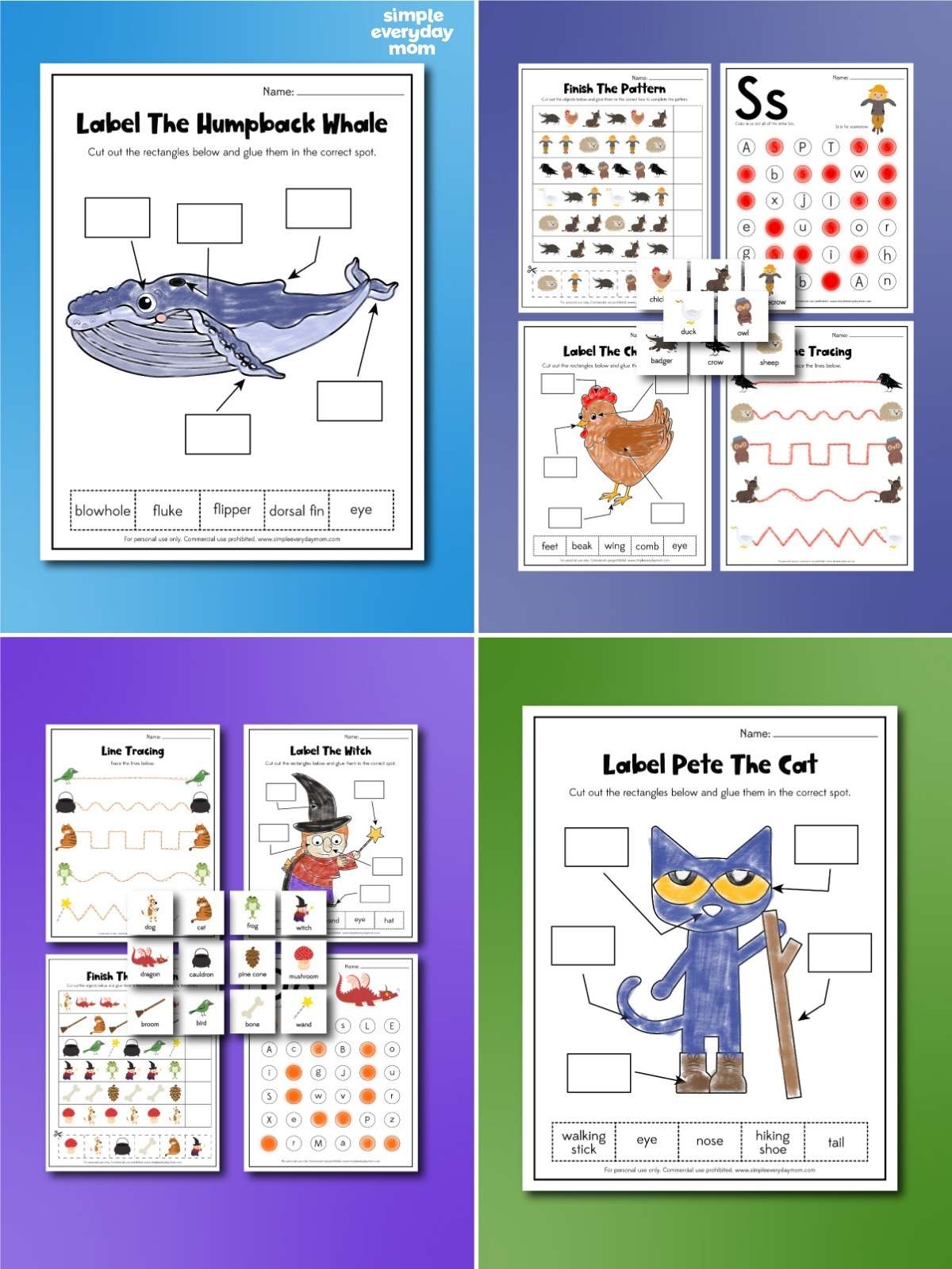 Four-panel collage of colorful paper crafts held by hand, showing a ladybug, a money-themed character, a monkey, and a blue bird made from simple cut-paper shapes.