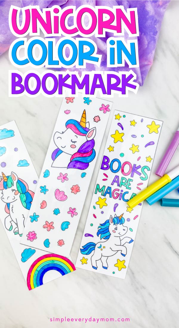 closeup of 3 colorful unicorn coloring page bookmarks 