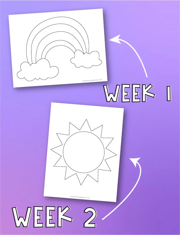 rainbow and sun coloring pages with arrows pointing to both with words "week 1" and "week 2" 