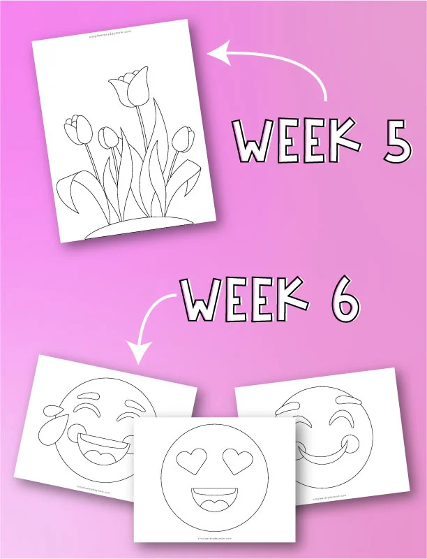 flowers, laughing emoji, heart eyes emoji and smiling emoji coloring pages with arrows pointing to both with words "week 5" and "week 6" 