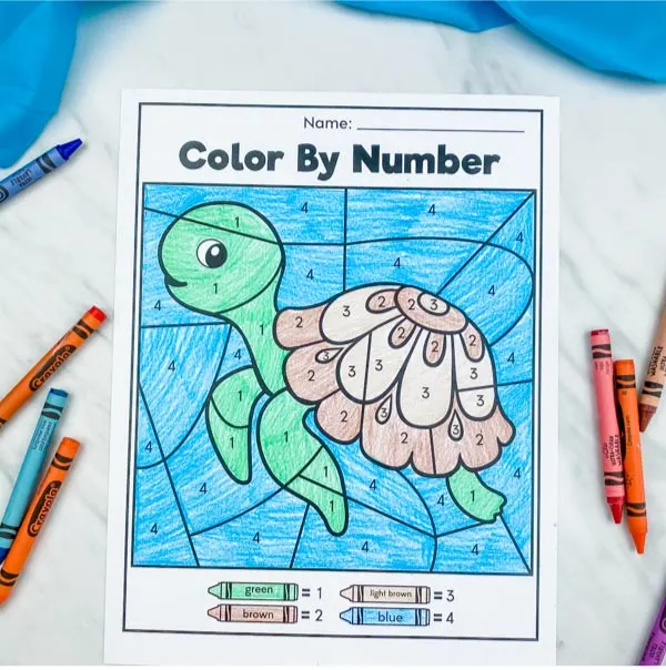 sea turtle color by number with crayons scattered around 