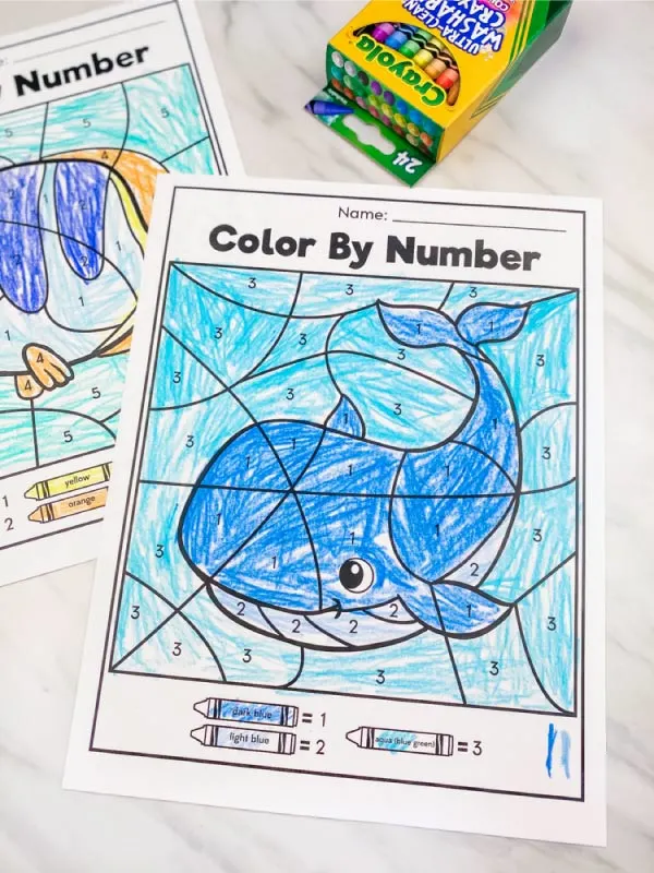 whale color by number with box of crayons in corner 