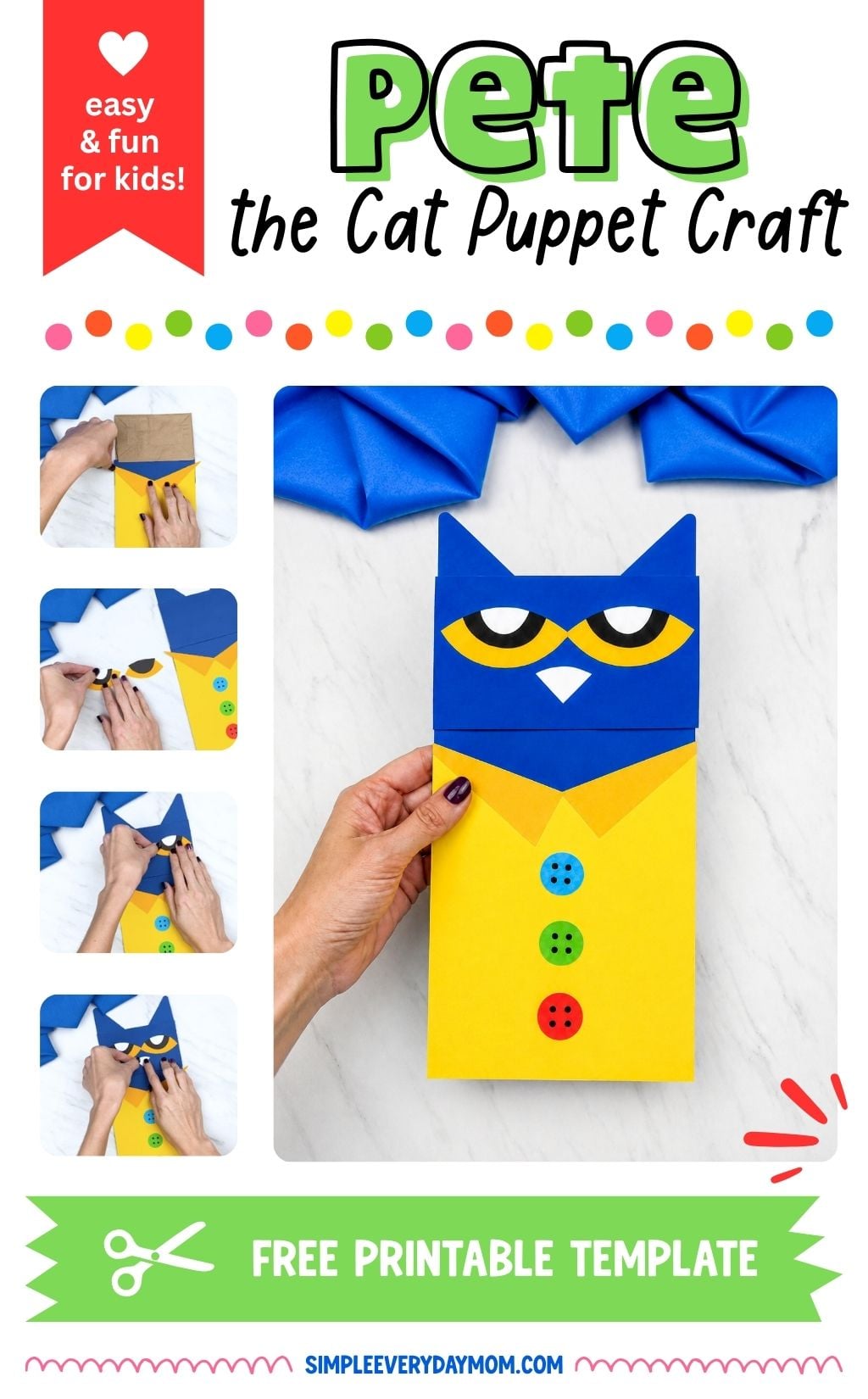 Promotional graphic for a Pete the Cat paper bag puppet craft, showing the finished blue-and-yellow puppet alongside step-by-step assembly photos. Text reads “Pete the Cat Puppet Craft” and “Free Printable Template.”