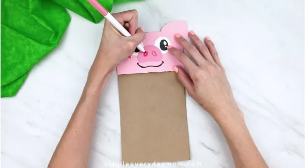 hands drawing on nostril hole on paper bag pig craft with pink marker 