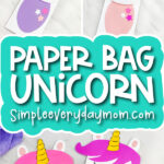 unicorn paper bag craft image collage with the words unicorn puppet