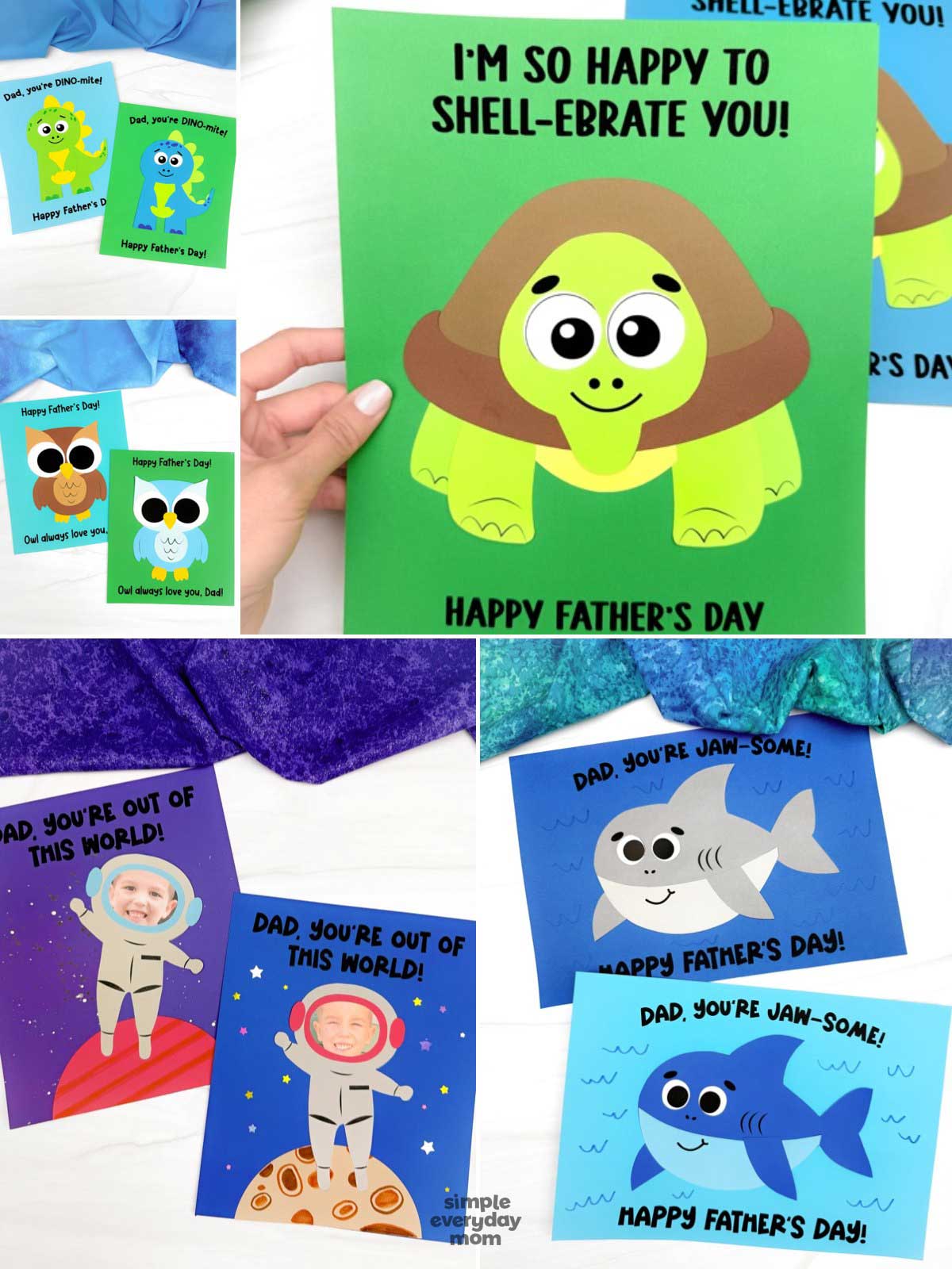This image is a collage of Father's Day card ideas featuring cute animal and character themes. The cards include turtles, dinosaurs, owls, astronauts, and sharks, each paired with playful messages such as “I’m so happy to shell-ebrate you!”, “Dad, you’re DINO-mite!”, “Owl always love you, Dad!”, “Dad, you’re out of this world!”, and “Dad, you’re jaw-some!”. With bright colors, friendly illustrations, and pun-filled greetings, these handmade cards provide fun and heartfelt ways for kids to celebrate Father's Day.