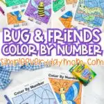 long collage of colored in color by number worksheets and crayons