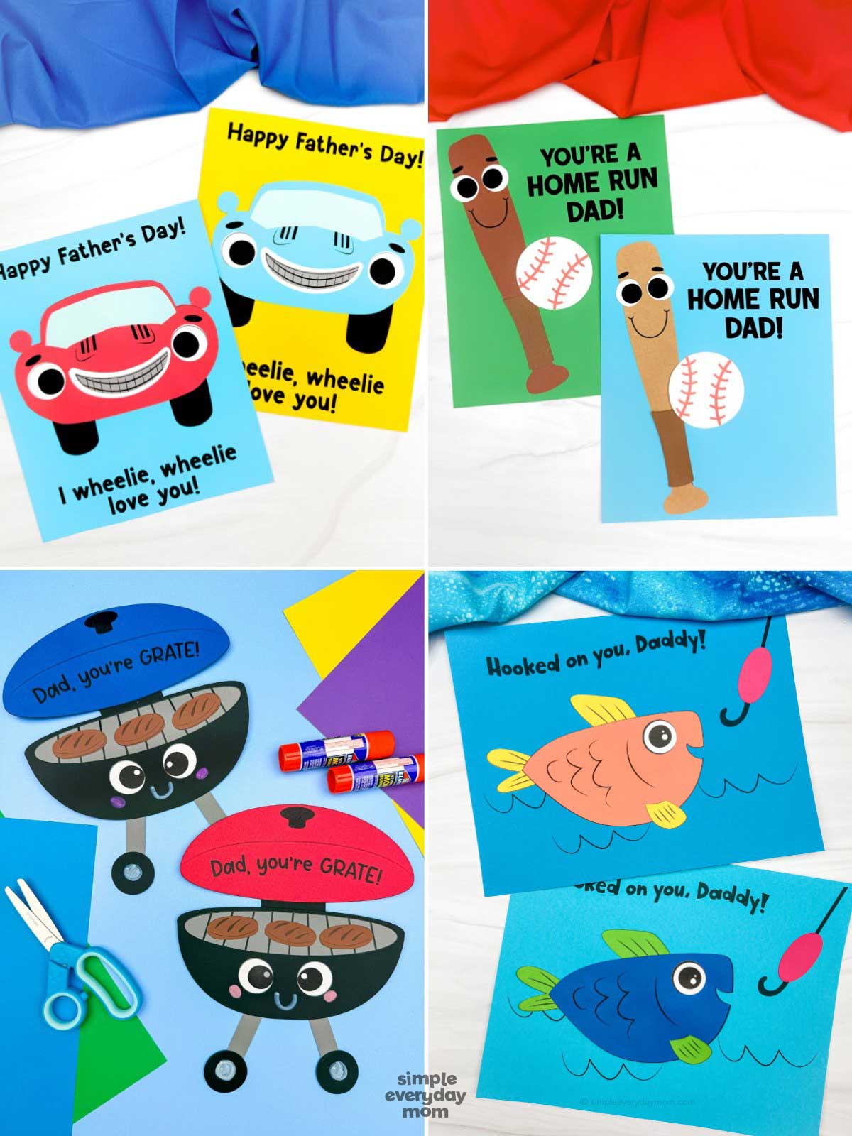 This image is a collage of Father's Day card crafts featuring playful puns and themed designs. The cards include smiling cars with the message “I wheelie, wheelie love you!”, baseball-themed “You’re a home run Dad!” cards, grill-themed “Dad, you’re GRATE!” cards, and fishing-themed “Hooked on you, Daddy!” cards. Bright colors, cheerful characters, and fun wordplay make these handmade cards a creative way for kids to celebrate and show appreciation for their dads.