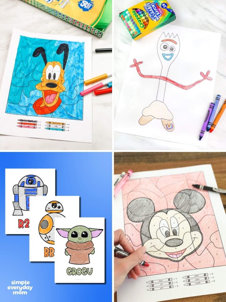 Children’s printable coloring activities are shown in a collage with character drawings, color-by-number pages, crayons, markers, and crayon boxes.