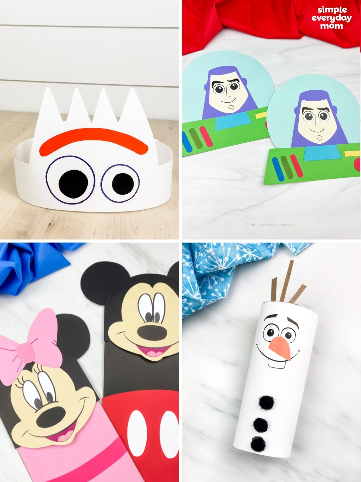 A collage shows four Disney and Pixar-inspired kids' crafts, including a Forky headband, Buzz Lightyear paper craft, Mickey and Minnie paper bags, and an Olaf toilet paper roll craft.