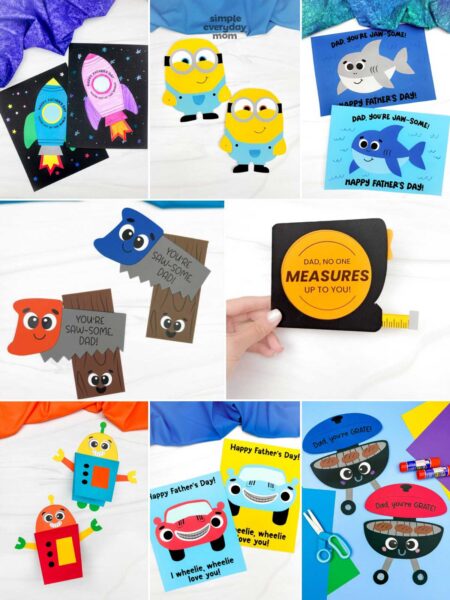 This image is a collage of Father's Day craft ideas featuring playful cards and paper projects for kids. The crafts include rocket-themed “You’re out of this world!” cards, Minion character crafts, shark-themed “Dad, you’re jaw-some!” cards, saw and measuring tape appreciation cards, robot paper crafts, car-themed “I wheelie, wheelie love you!” cards, and grill-themed “Dad, you’re GRATE!” cards. With bright colors, fun puns, and creative designs, these projects offer engaging ways for children to celebrate and honor their dads on Father's Day.