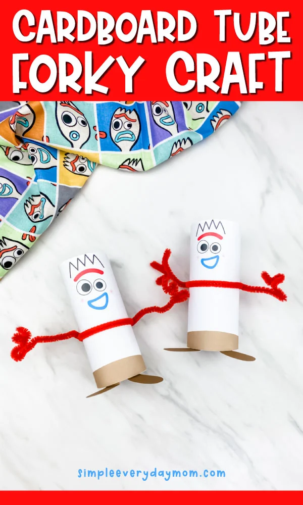 toilet paper roll Forky craft with words "cardboard tube forky craft" at top 