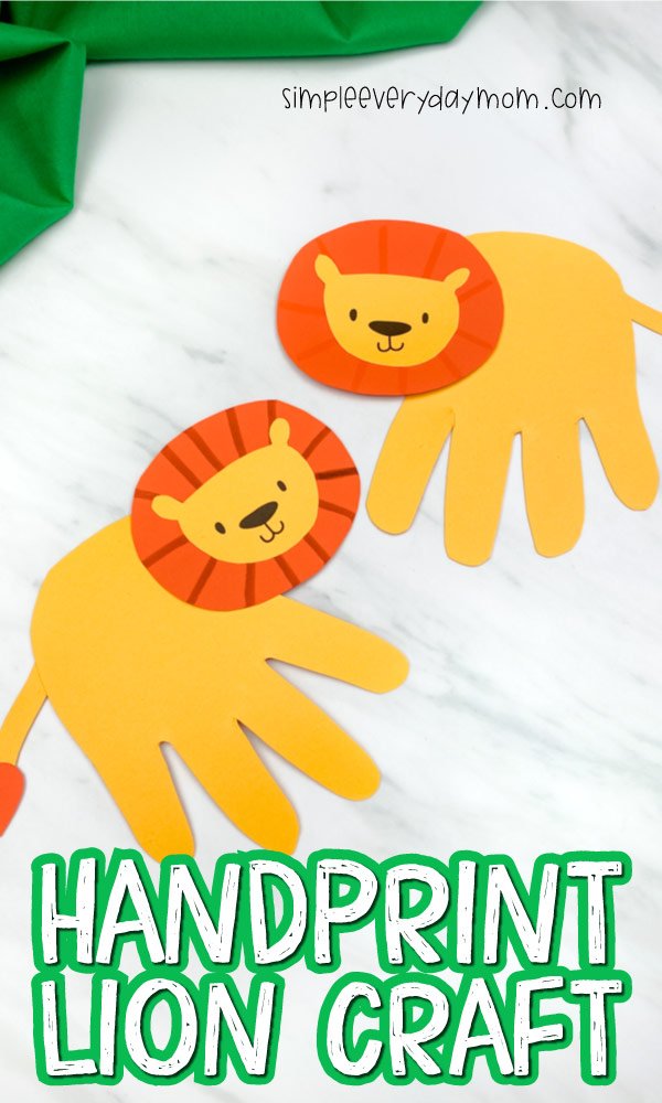 two handprint lion crafts closeup with the words "handprint lion" on the bottom 