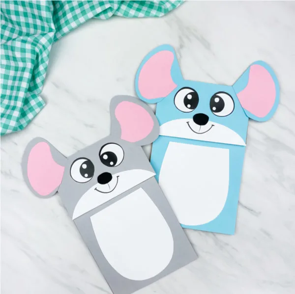 gray and blue paper bag mouse puppets