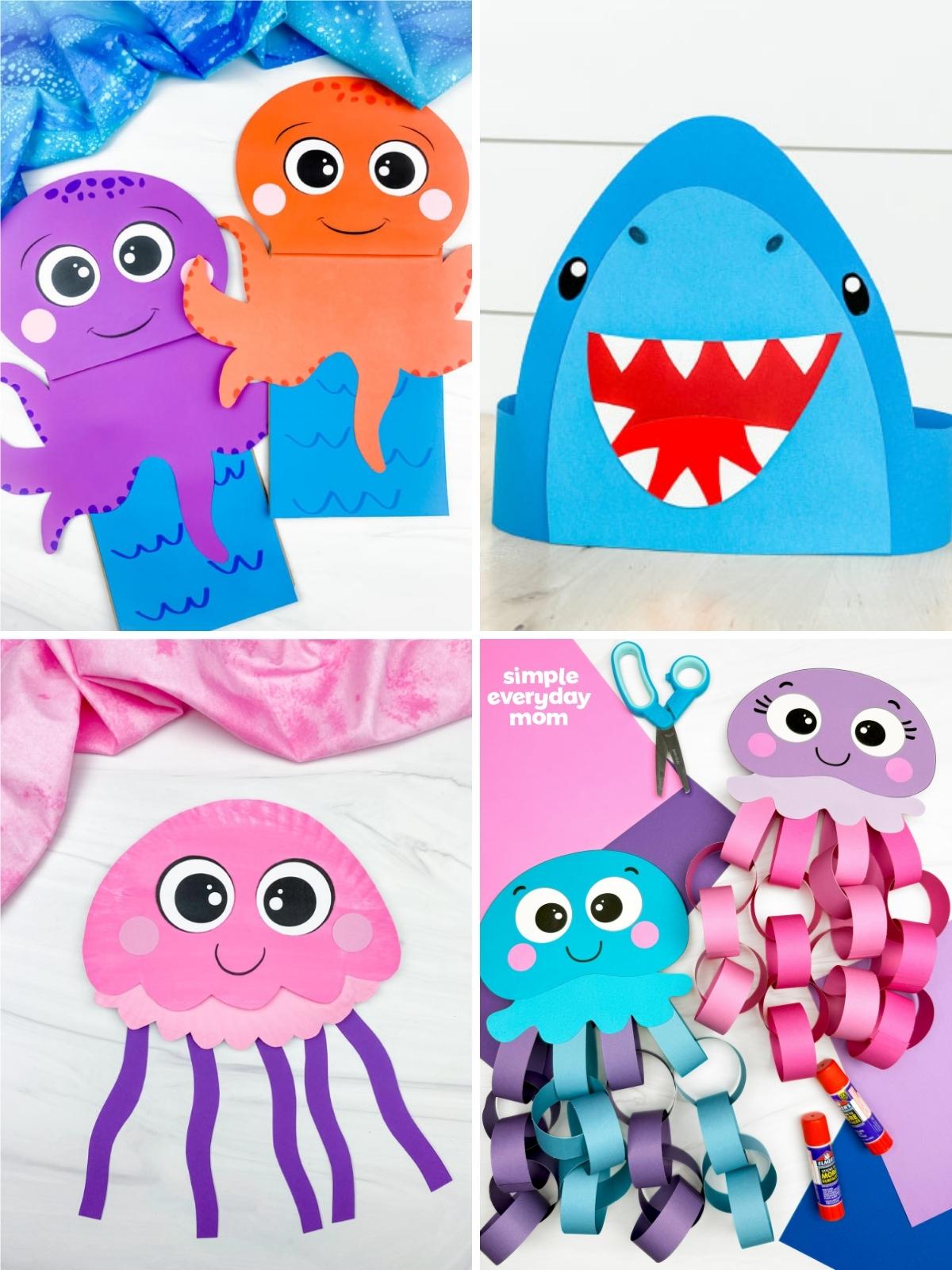 Collage of colorful paper ocean-animal crafts, including octopuses, a shark, and jellyfish made with paper cutouts, curled strips, and craft supplies.