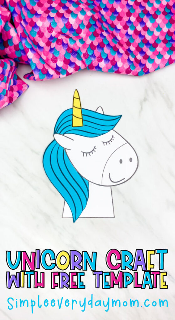 closeup of paper unicorn craft with blue mane and words "unicorn craft with free template" on the bottom 