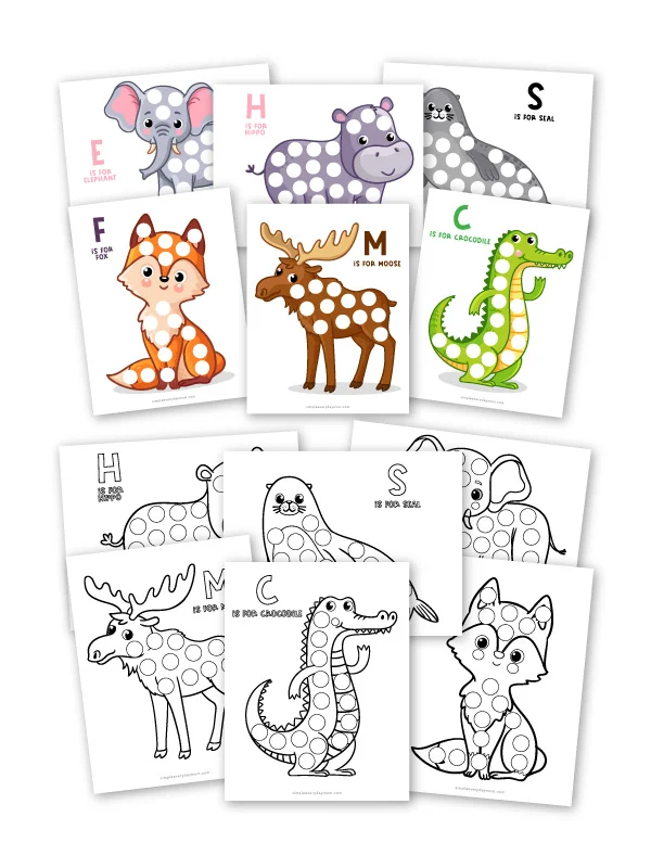 color and black and white images of animal do a dot printables 