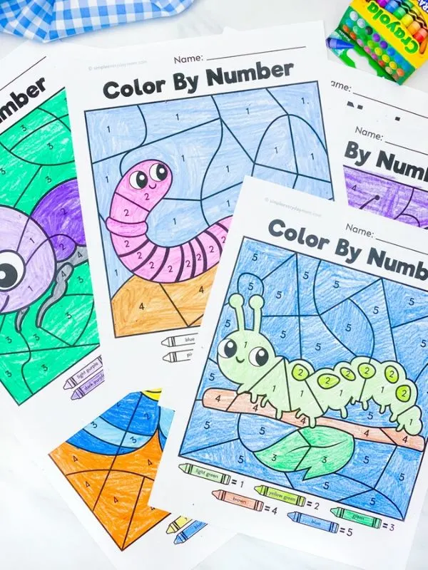 beetle, worm and caterpillar color by number worksheets colored in withe marble background and crayons 