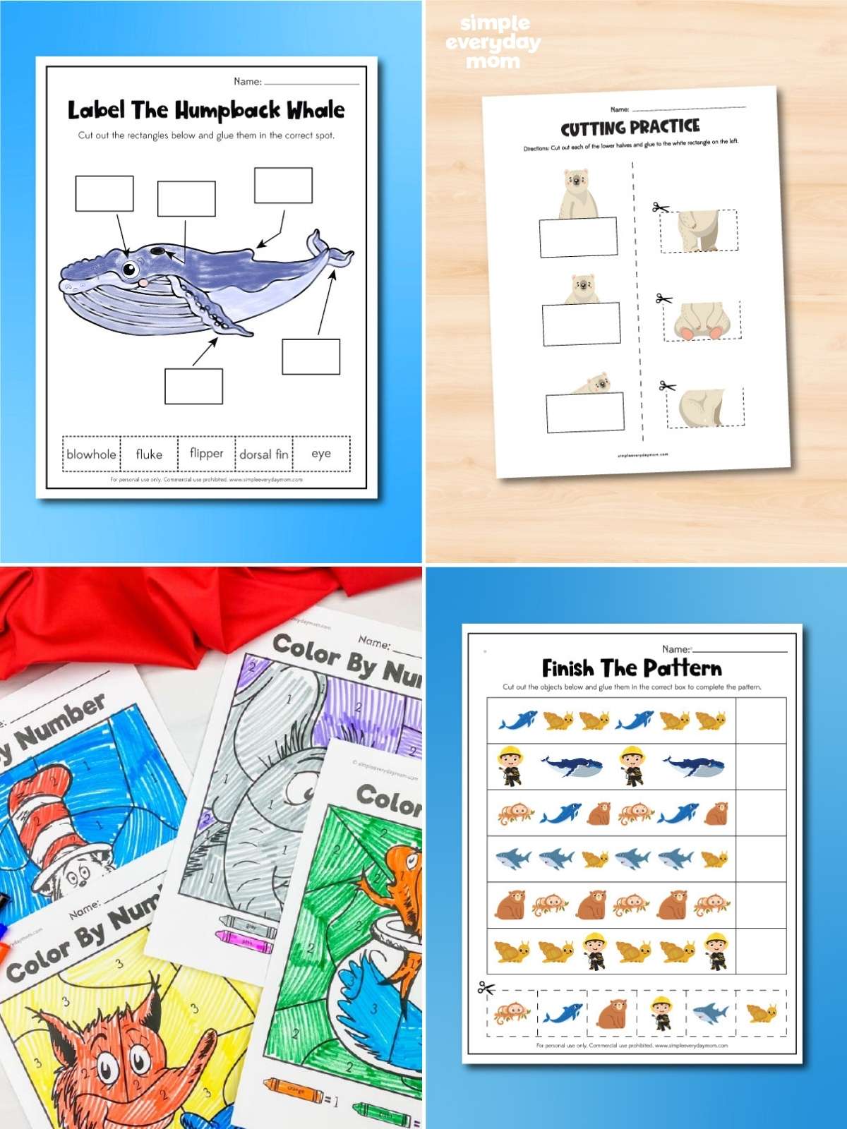 Collage of preschool worksheets featuring humpback whale labeling, polar bear cutting practice, color-by-number pages, and an ocean-themed pattern activity.