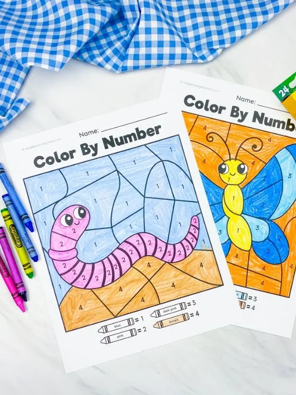 earthworm and butterfly color by number worksheets colored in with crayons 