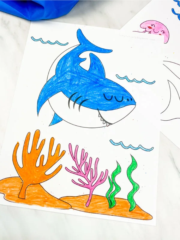 blue shark coloring page on marble background with blue fabric