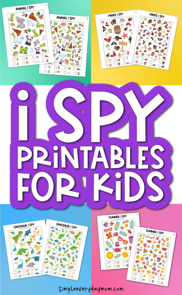 collage of i spy printables for kids with words "i spy printables for kids" in middle 