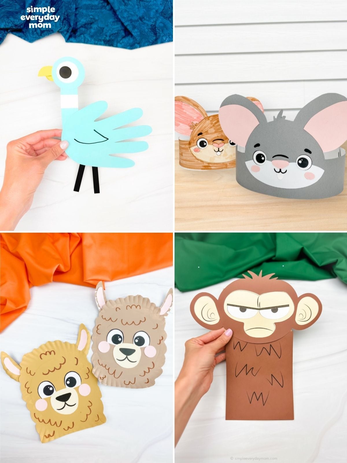 Collage of animal crafts featuring a handprint bird, mouse headband, llama paper bag craft, and monkey puppet.