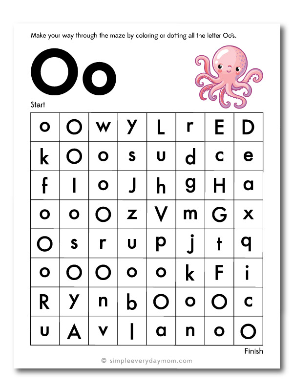 octopus letter O maze worksheet 