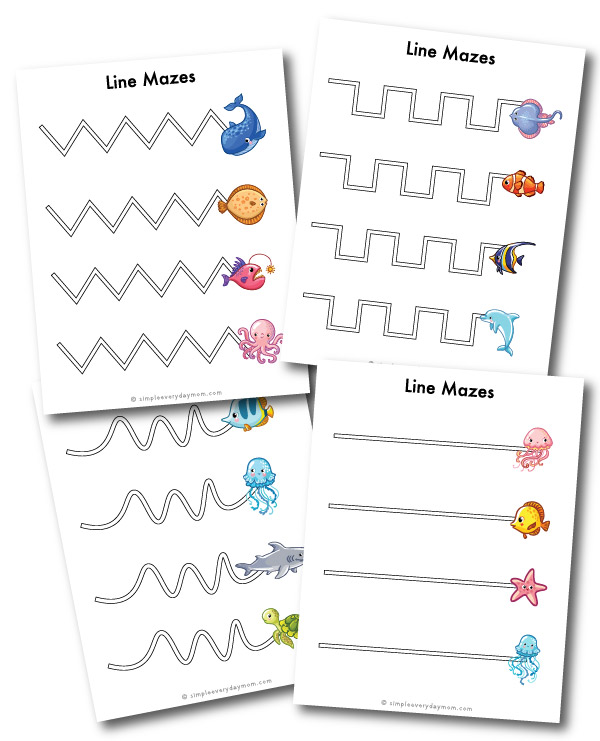 ocean animal line maze worksheets 