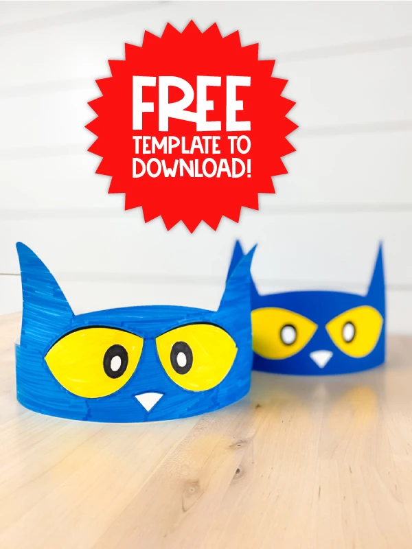 Pete the Cat headband crafts with a sticker that says free template to download 