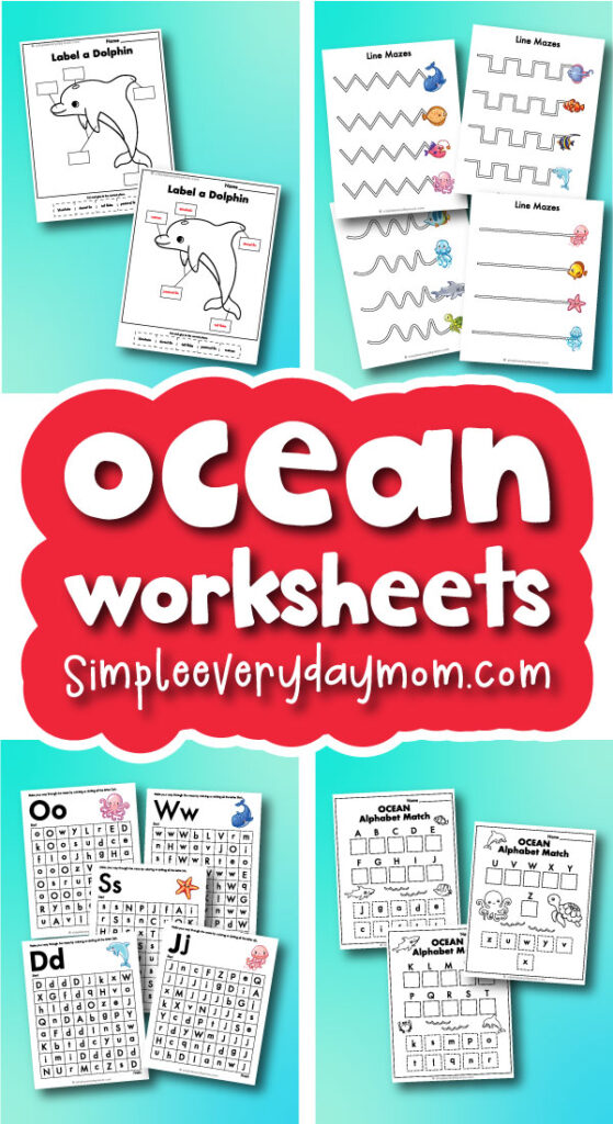 ocean animal printables image collage with the words ocean worksheets