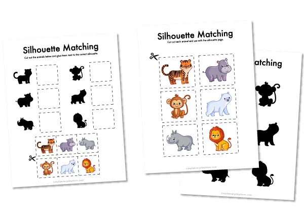 zoo animal silhouette matching worksheets 