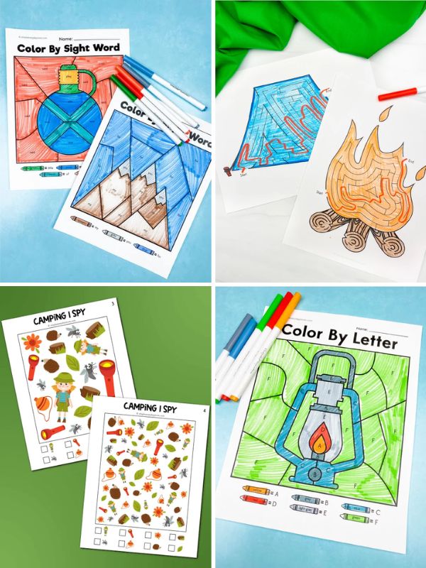collage of camping activities for kids